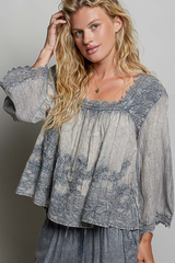 Vintage Washed Floral Lace Trim Square Neck Top