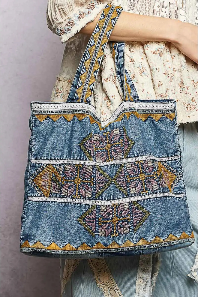 Refined Trim Embroidered Vintage Wash Denim Tote Bag