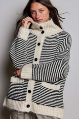Striped Fold Over Collar Button Front Knit