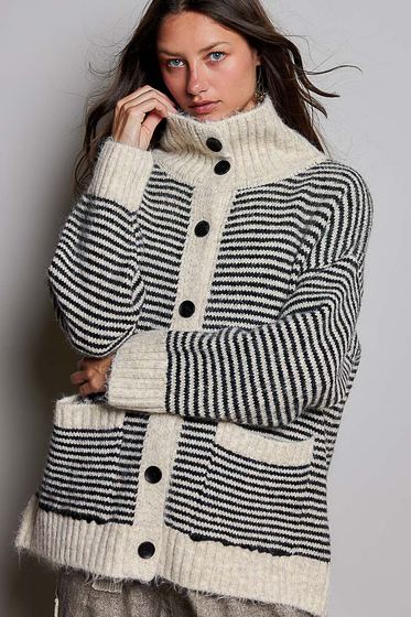 Striped Fold Over Collar Button Front Knit