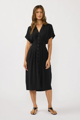 Pleated Front Waist Button Down Midi Dress