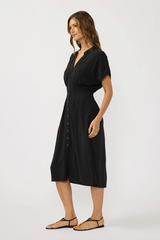 Pleated Front Waist Button Down Midi Dress