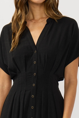 Pleated Front Waist Button Down Midi Dress