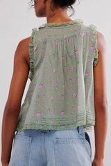 Lace Trim Button Tank
