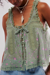 Lace Trim Button Tank