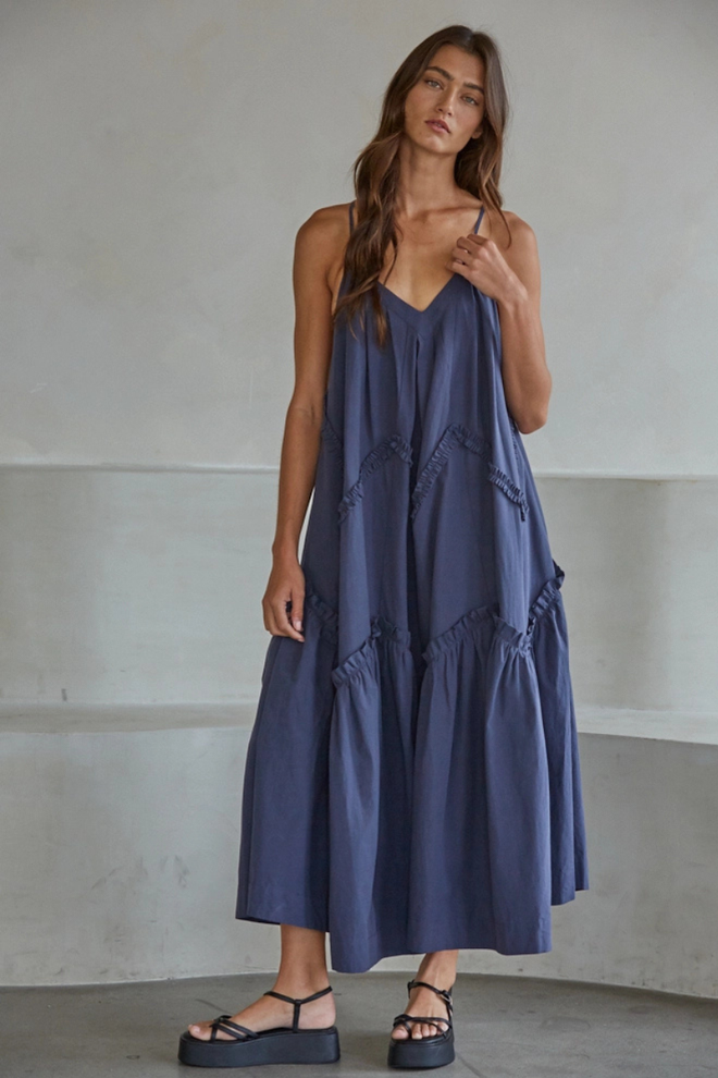 Woven Cotton V-Neck Ruffle Trim Detailed Maxi Dress