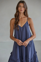 Woven Cotton V-Neck Ruffle Trim Detailed Maxi Dress