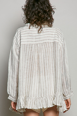 Deep V-Neck Stripe Cotton Ruffle Blouse