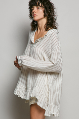 Deep V-Neck Stripe Cotton Ruffle Blouse