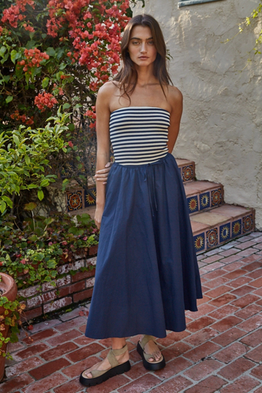 Woven Cotton Waist Drawstring Flare Midi Skirt