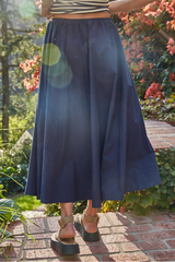 Woven Cotton Waist Drawstring Flare Midi Skirt