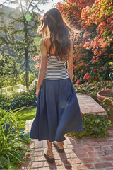 Woven Cotton Waist Drawstring Flare Midi Skirt