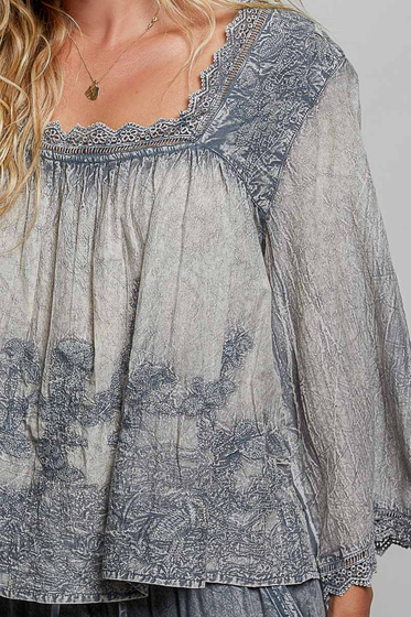 Vintage Washed Floral Lace Trim Square Neck Top