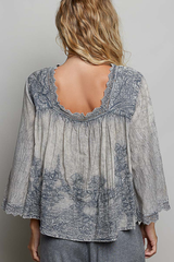Vintage Washed Floral Lace Trim Square Neck Top