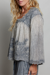 Vintage Washed Floral Lace Trim Square Neck Top