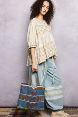 Refined Trim Embroidered Vintage Wash Denim Tote Bag