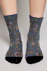 Vintage Floral Print Ribbed Ruffle Cuff Knit Crew Socks