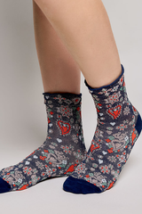 Vintage Floral Print Ribbed Ruffle Cuff Knit Crew Socks