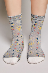 Vintage Floral Print Ribbed Ruffle Cuff Knit Crew Socks