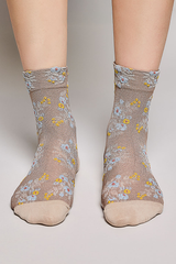 Vintage Floral Print Ribbed Ruffle Cuff Knit Crew Socks