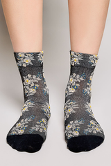 Vintage Floral Print Ribbed Ruffle Cuff Knit Crew Socks