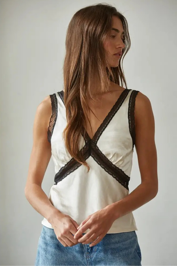 Satin Contrast Lace Trim Detail Sleeveless Top