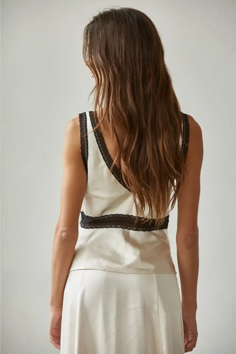 Satin Contrast Lace Trim Detail Sleeveless Top