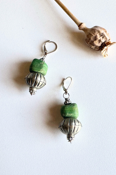Green Serpentine + Thai Silver Bead Earring