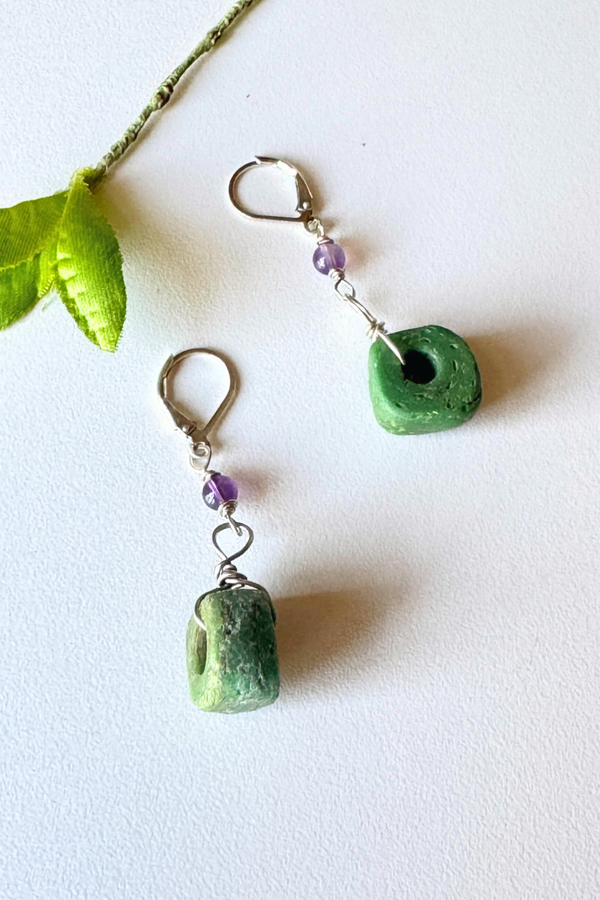 Raw Serpentine + Amethyst Earring