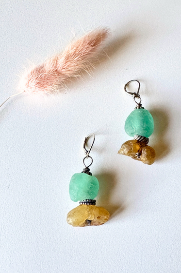 Raw Amber + Roman Glass Earring