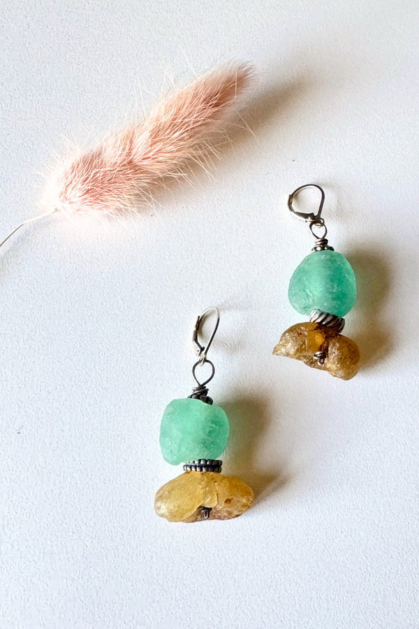 Raw Amber + Roman Glass Earring