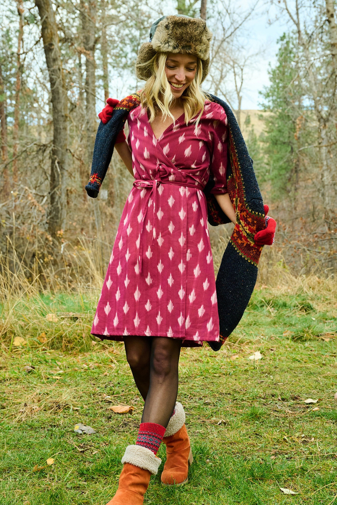 Anaya Wrap Dress Garnet Ikat - Fair Trade Dresses Anaya Wrap Dress Garnet Ikat - Fair Trade Dresses