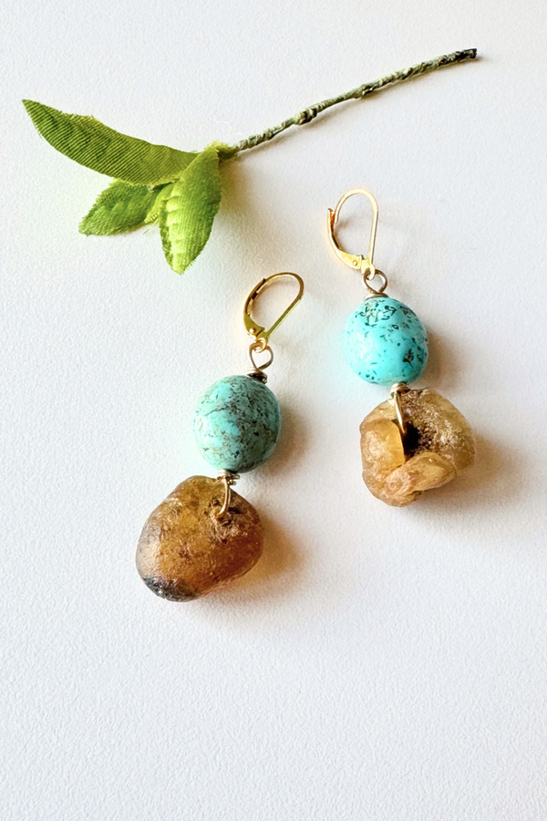 Turquoise + Raw Amber Earring