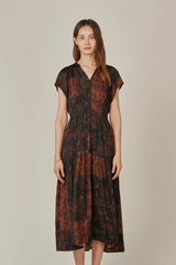 Patchwork Printed Ruffle Satin Midi Dress