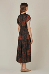 Patchwork Printed Ruffle Satin Midi Dress