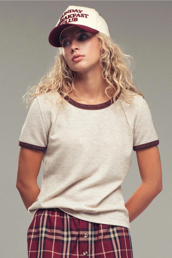 Sporty Trim Textured Crewneck Top