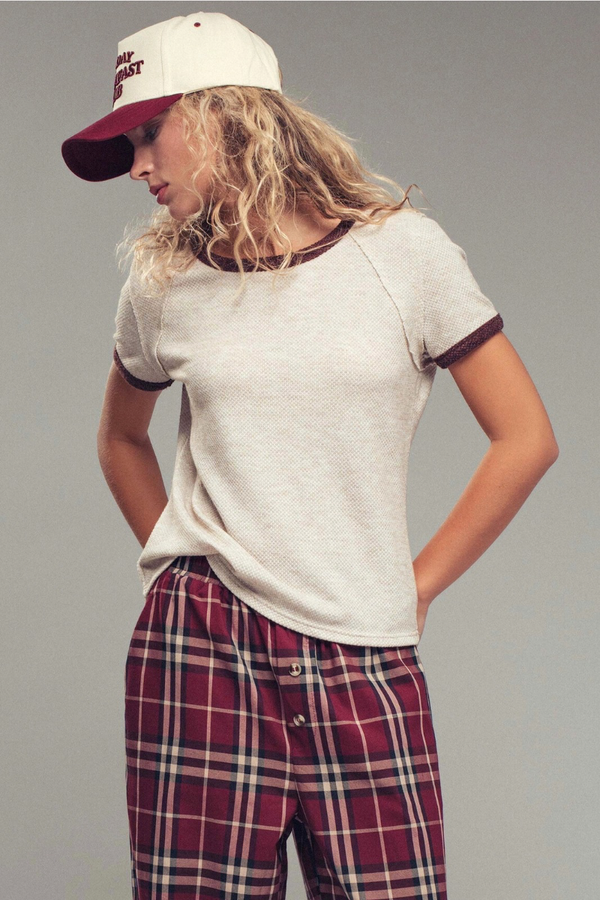 Sporty Trim Textured Crewneck Top
