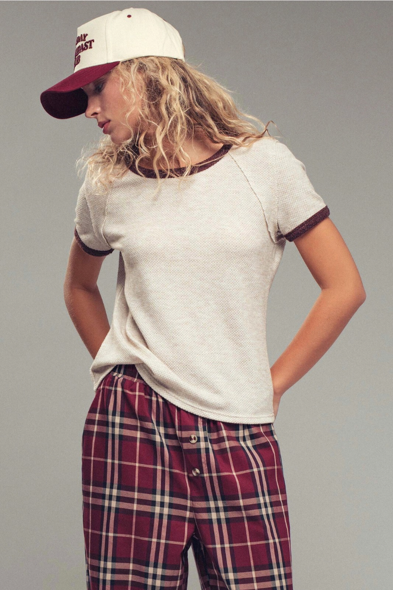 Sporty Trim Textured Crewneck Top