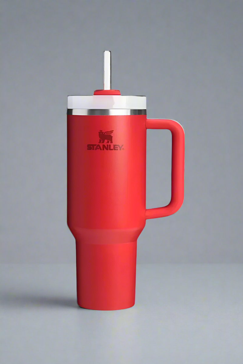 Red Stanley mug on a light gray background