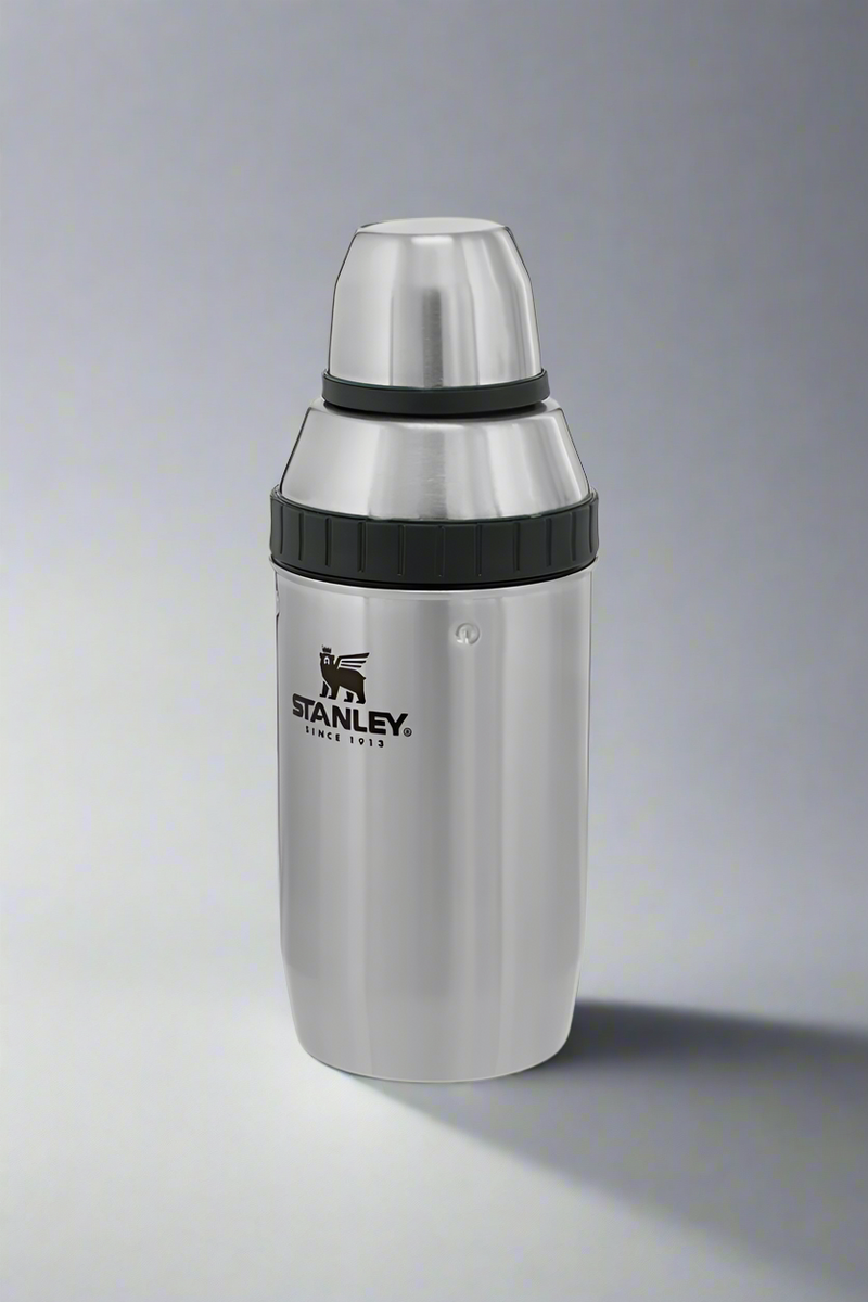 Silver Stanley thermos bottle on a white background