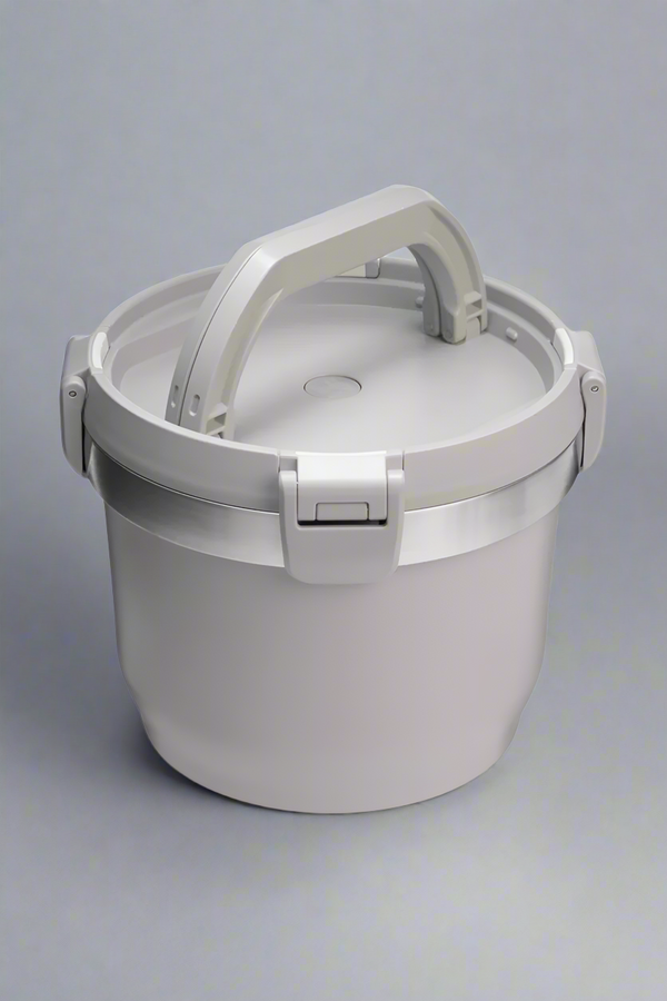 Gray bucket with a handle on a light gray background