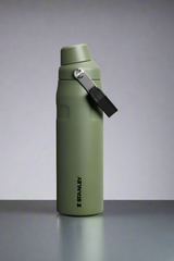 Green Stanley water bottle on a light gray background