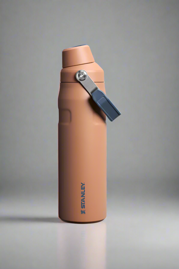 Brown Stanley water bottle on a light gray background
