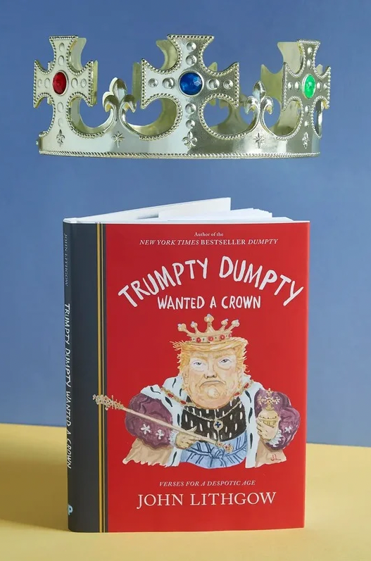 Book titled 'Trumpet Dumpty Wanted a Crown' by John Lithgow with a crown on top against a blue background.