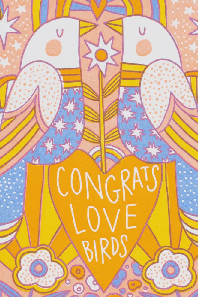 Colorful illustration of two birds with a heart and 'Congrats Love Birds' text on a patterned background.
