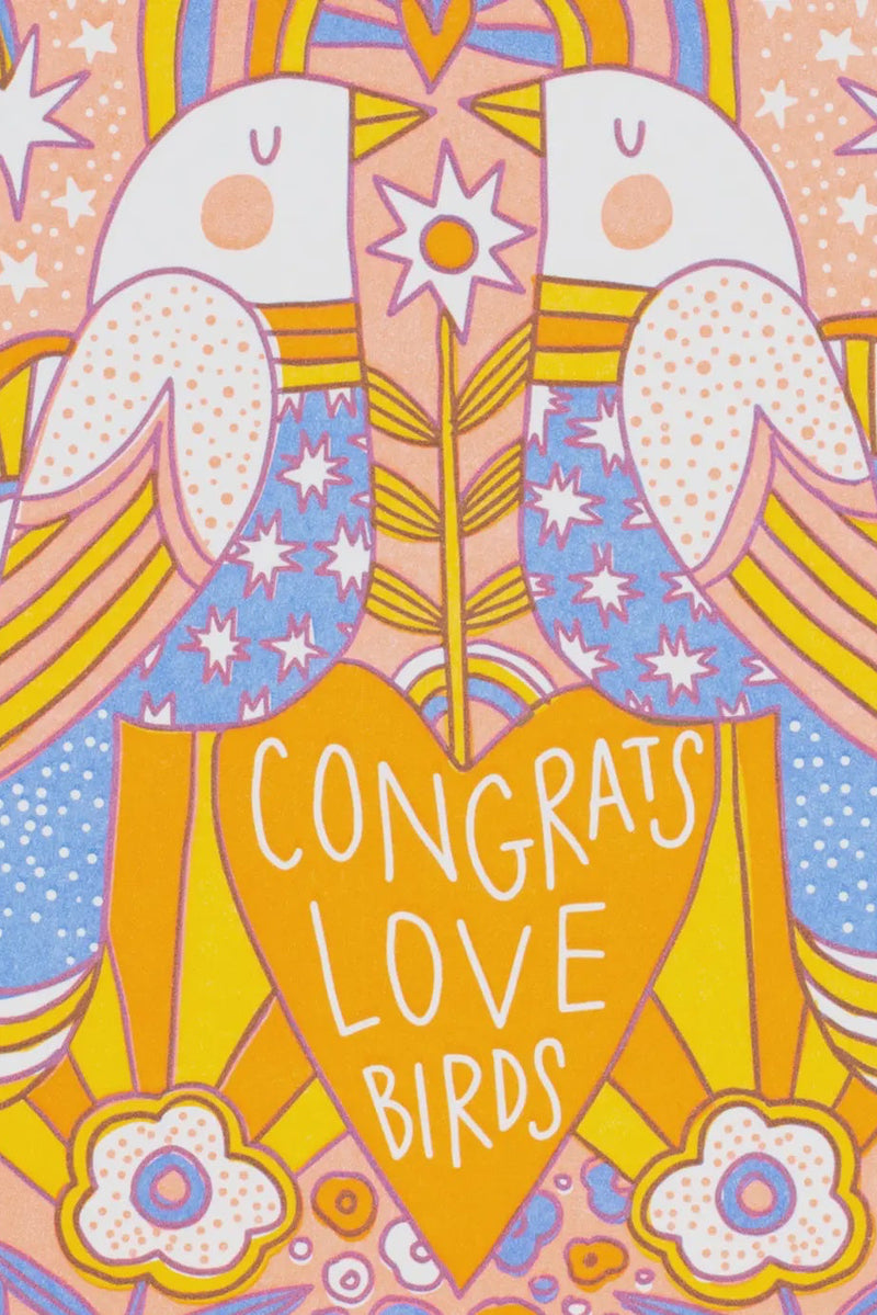 Colorful illustration of two birds with a heart and 'Congrats Love Birds' text on a patterned background.
