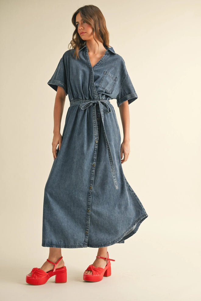 Asymmetric Button Detail Denim Shirt Dress