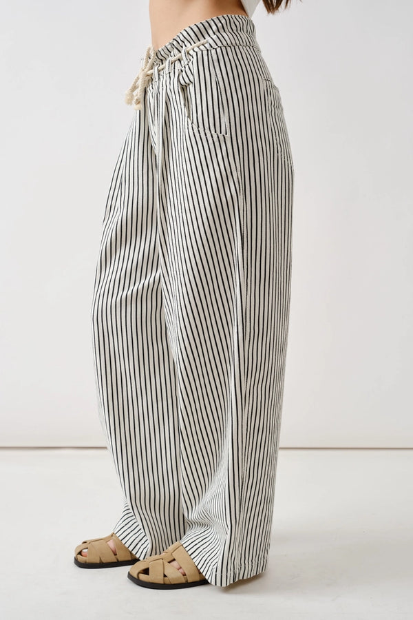 Stripe Wide Leg Pants with Rope Belt