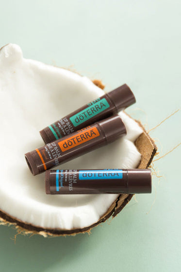 doTERRA lip balms on a coconut shell with a light green background