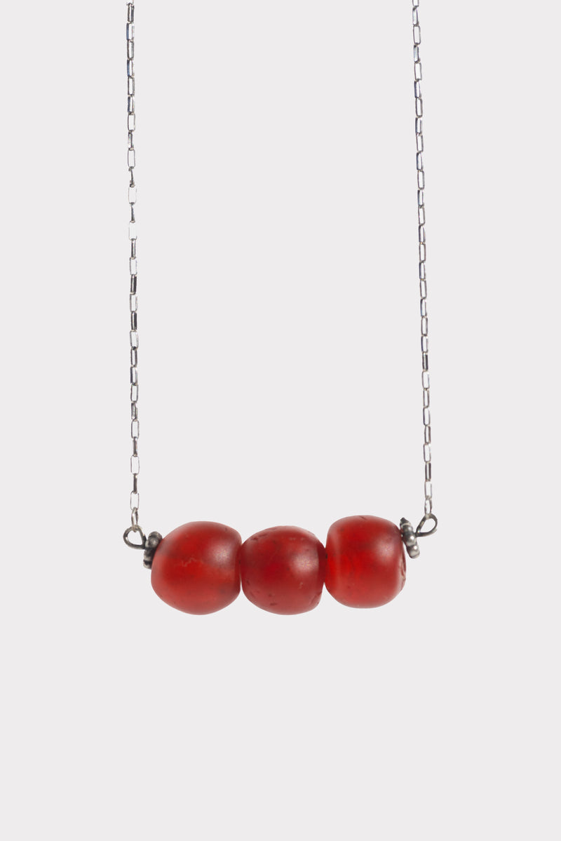 Trio African Red Glass Bead Necklace